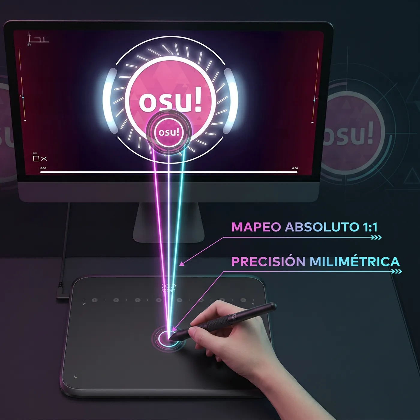 Mapeo absoluto: lápiz sobre la tableta XPPen Deco 640 apuntando a un círculo de osu!